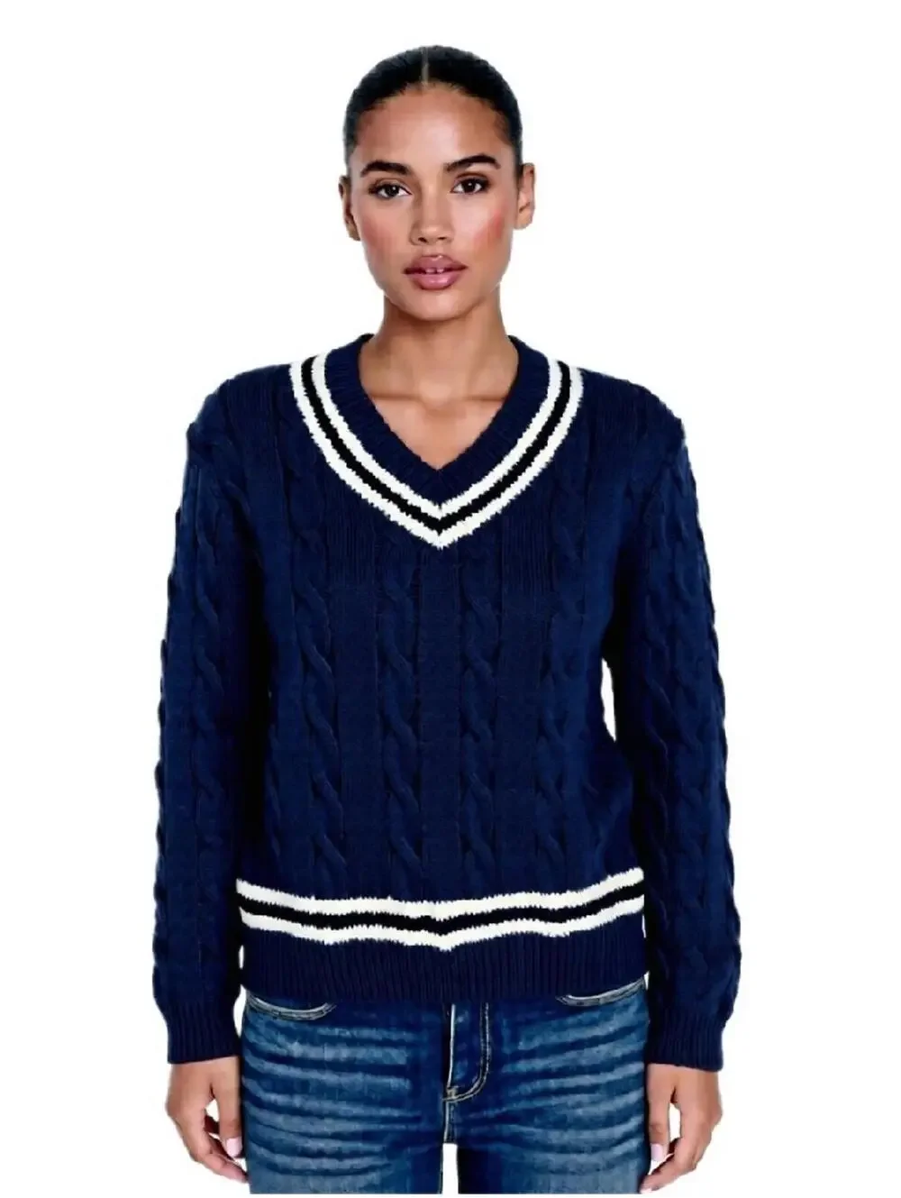 Brandy Melville Varsity Sweater Women's Medium Navy Wool Chunky Cable Knit Y2K